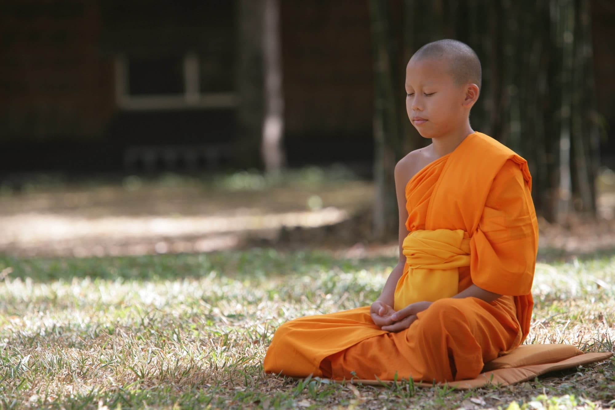 A young monk seated peacefully in meditation outdoors